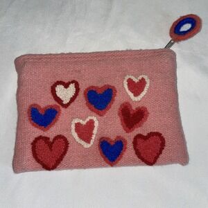 Jenny Kraus pink heart embroidered wool small zip pouch makeup bag peru boho art